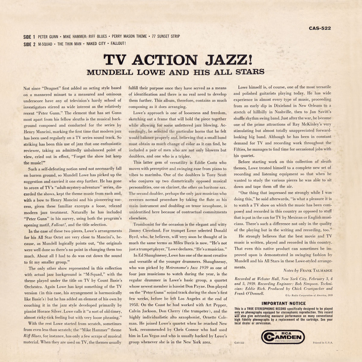 Mundell Lowe And His All Stars ‎– TV Action Jazz! (1959) - back cover